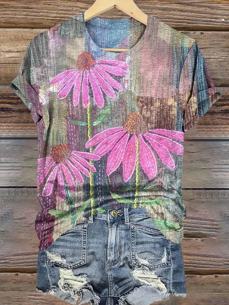 Floral Art Print Casual Cotton Shirt
