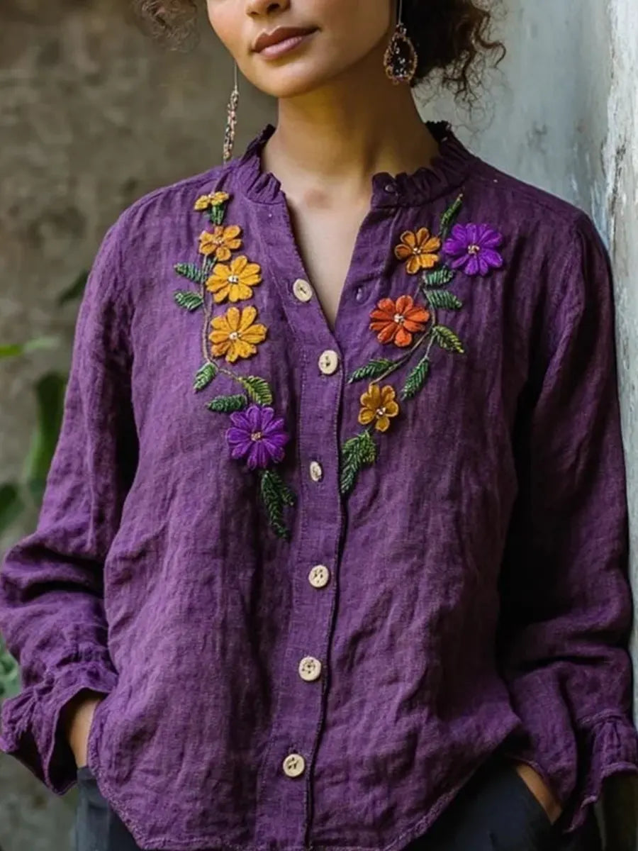 Floral Art Print Casual Linen Cotton Shirt