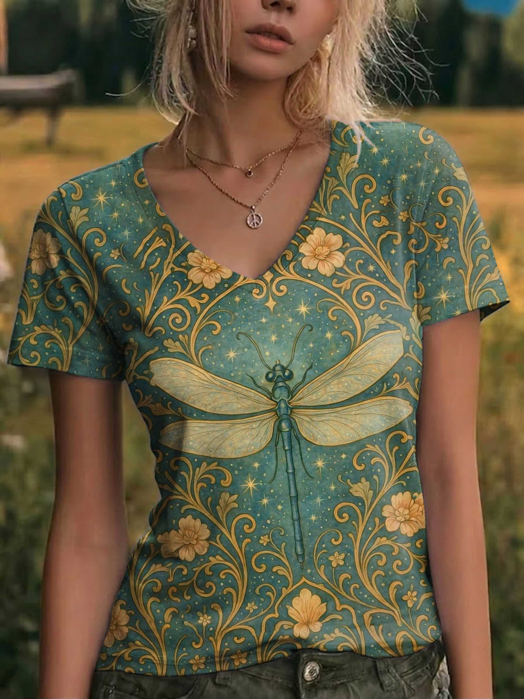 Dragonfly Floral V-neck Casual T-shirt