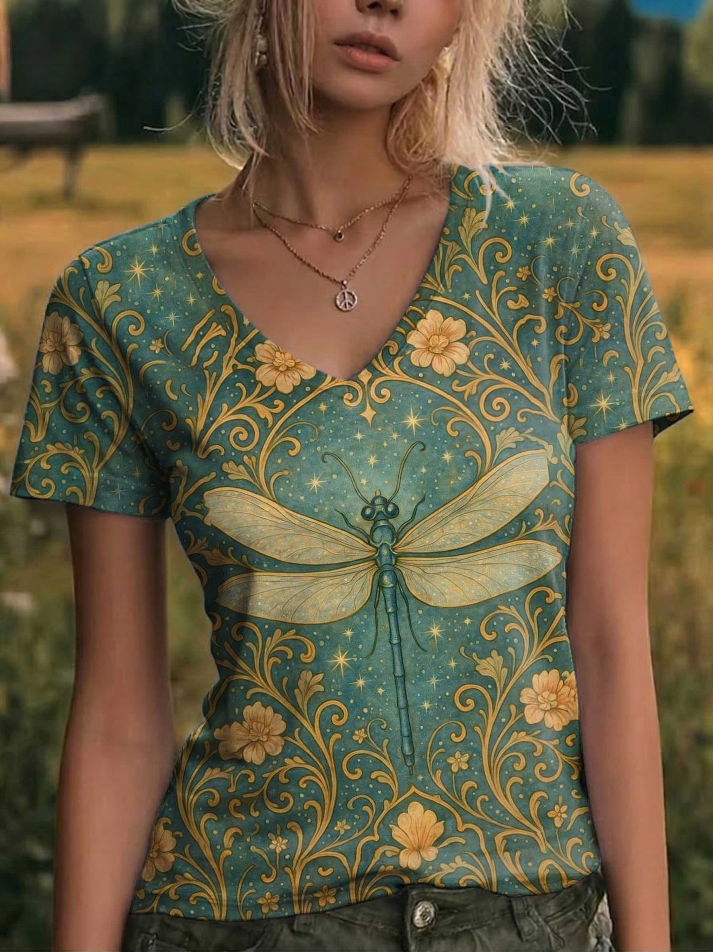 Dragonfly Floral V-neck Casual T-shirt