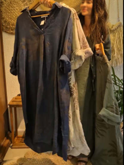 Casual Leaf Print Linen And Cotton Dress