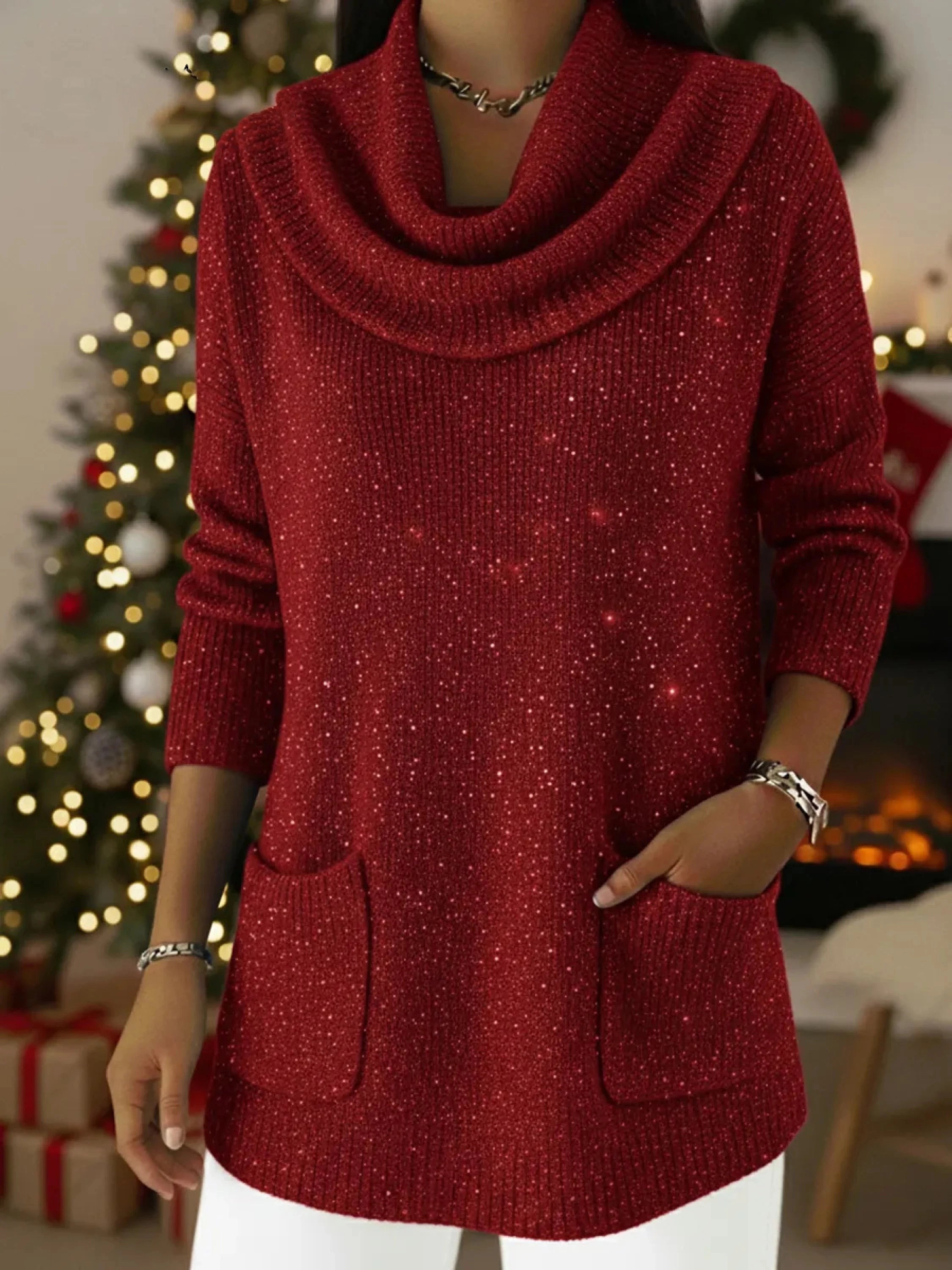 Christmas Elegant Cowl Collar Shiny Knitted Sweater