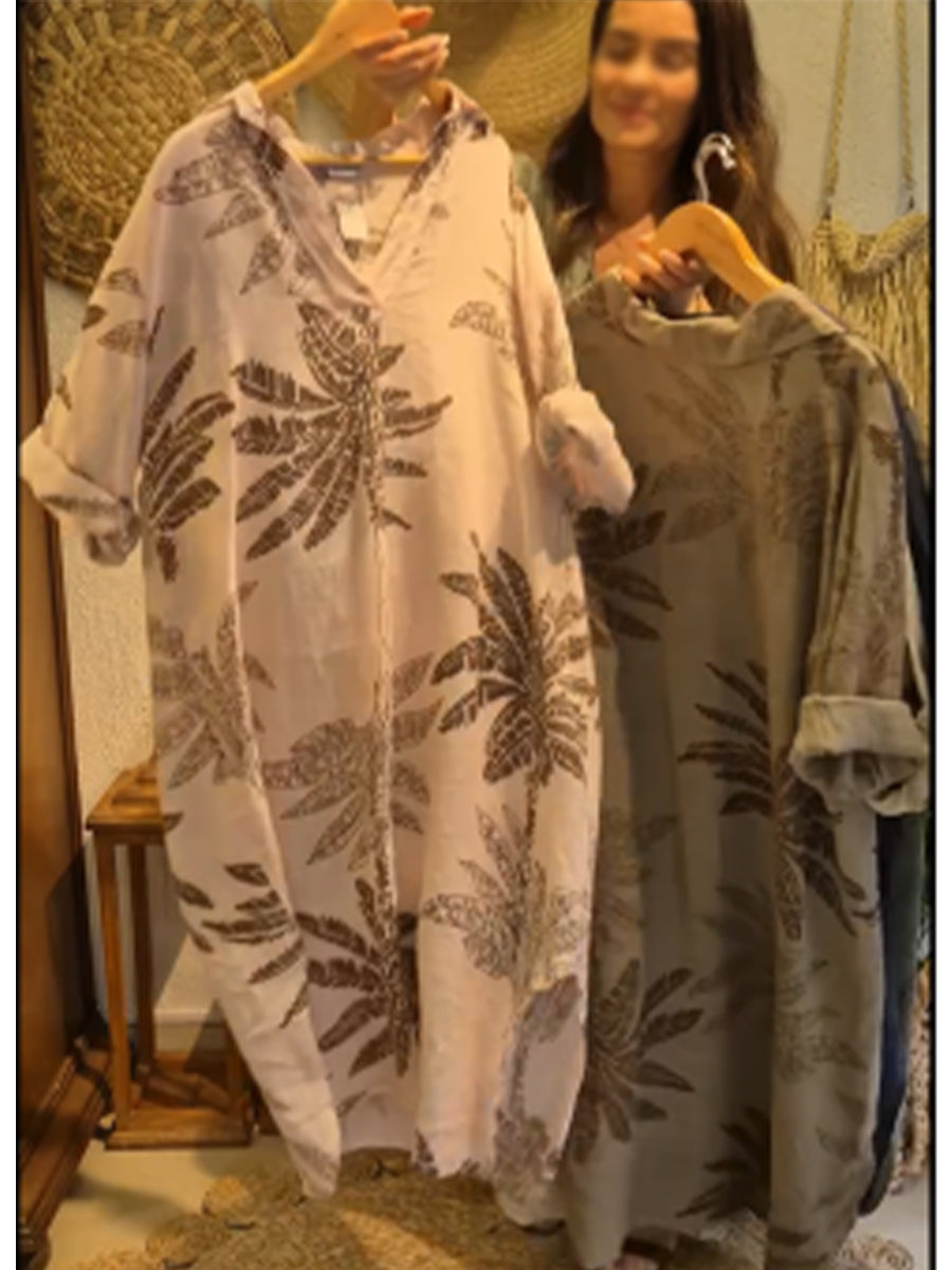 Casual Leaf Print Linen And Cotton Dress