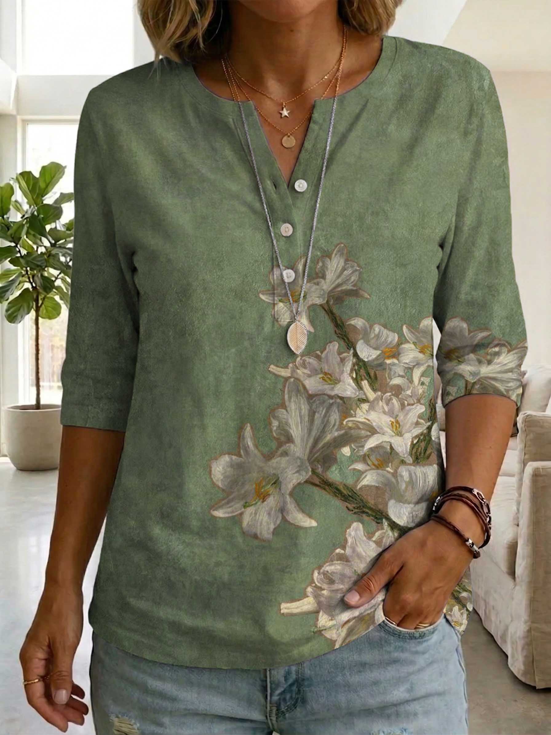 Women's Retro Floral Art Print Casual Cotton Shirt