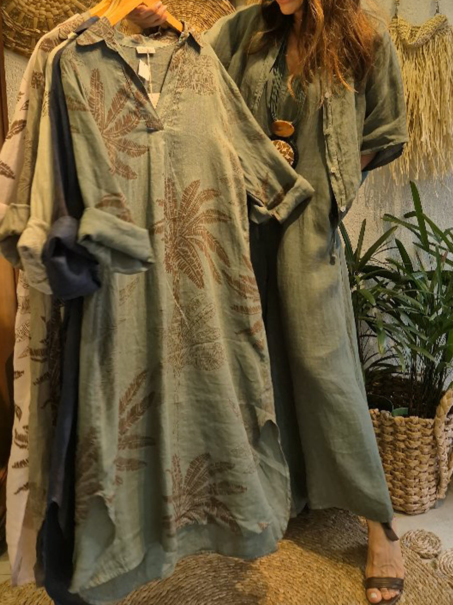 Casual Leaf Print Linen And Cotton Dress
