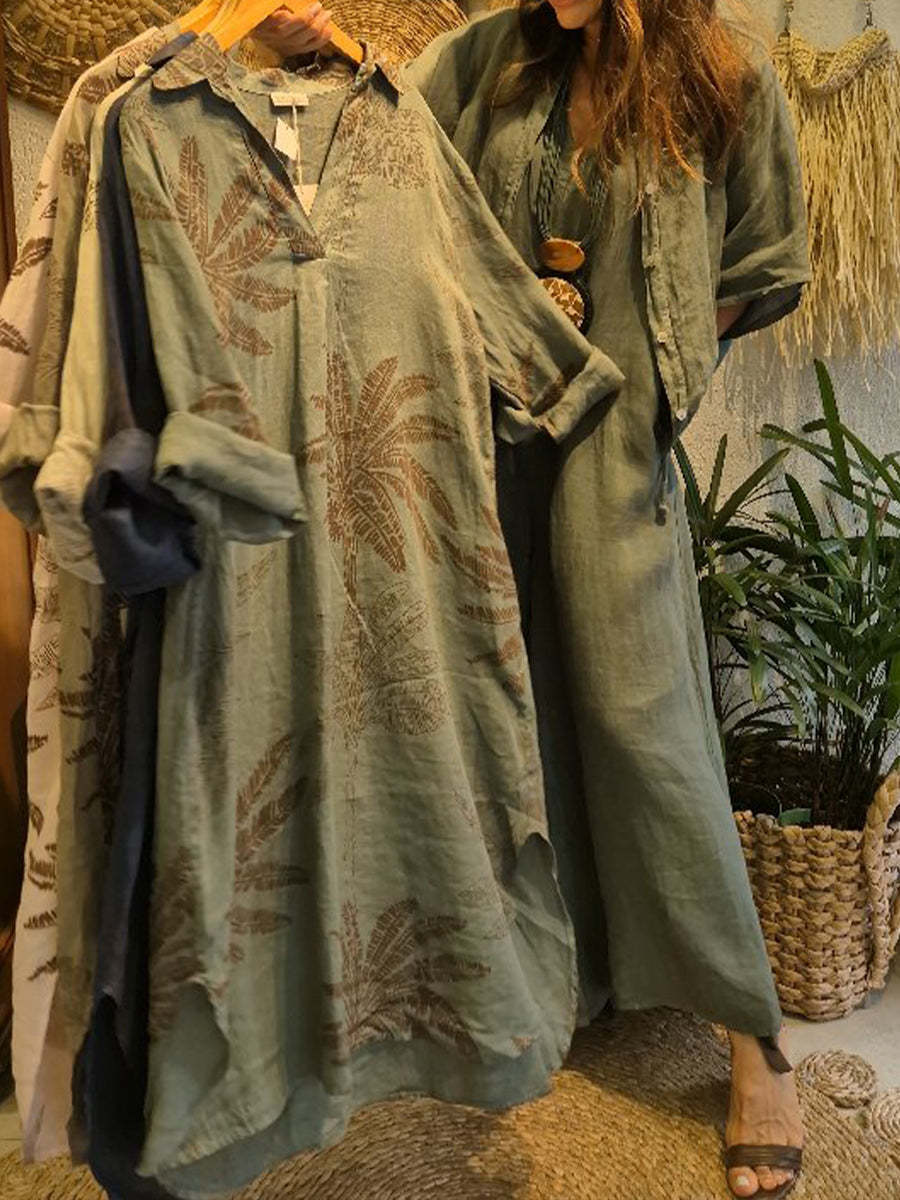 Casual Leaf Print Linen And Cotton Dress