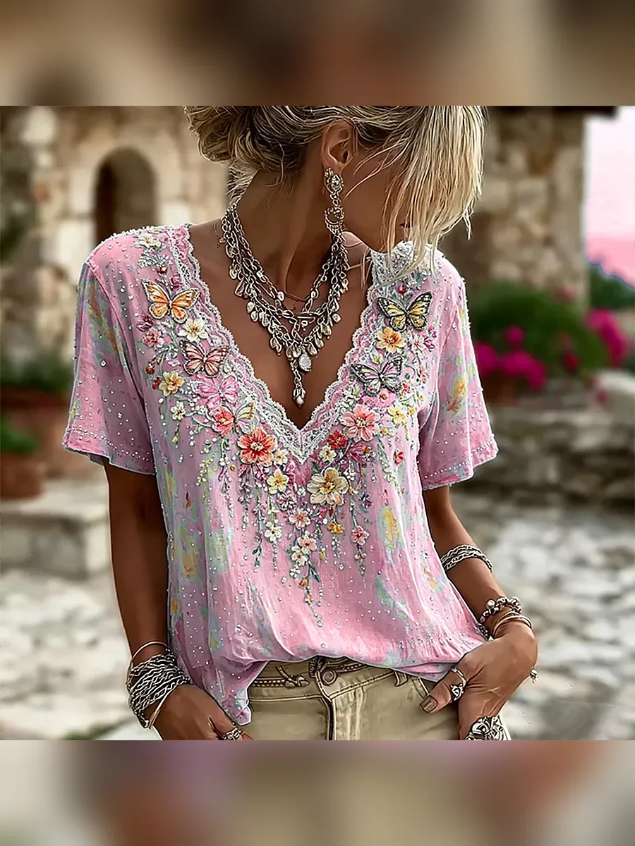 Women's Colorful Floral And Butterfly Art Embroidered Linen Blend Lace V-neck Short Sleeve Top