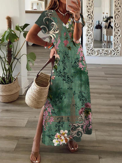 Floral Short Sleeve V Neck Maxi Dress