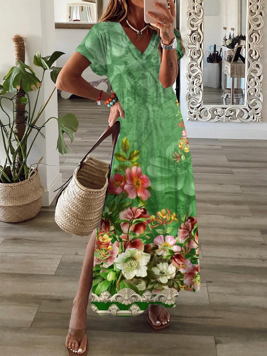 Vintage Flower Short Sleeve V Neck Maxi Dress