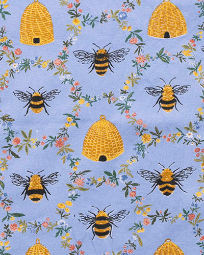 Sweet Bee print with bees, golden beehives, and winding floral vines on soft blue