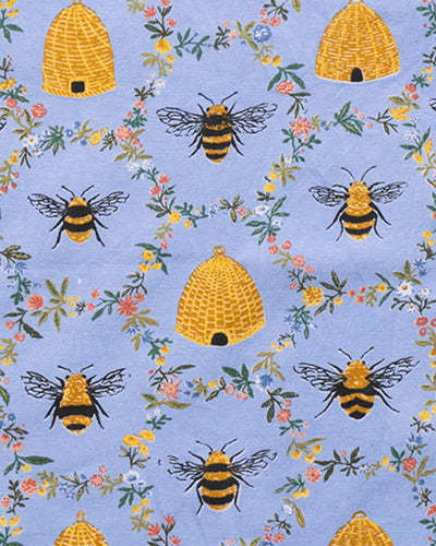 Sweet Bee print with bees, golden beehives, and winding floral vines on soft blue
