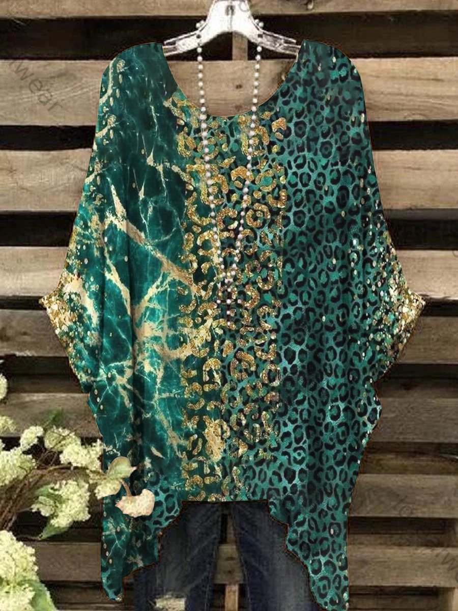 Women's Marble Leopard Patchwork Abstract Print Irregular Top