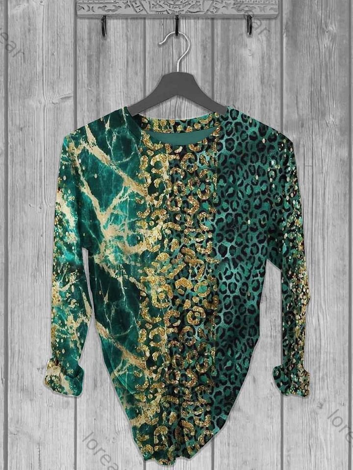 Women's Marble Leopard Patchwork Abstract Print Irregular Top