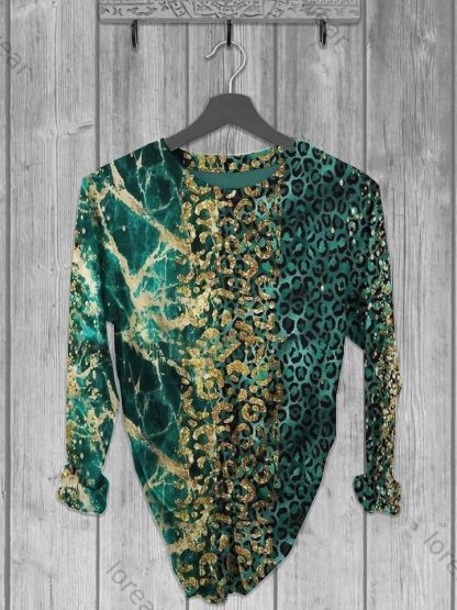Women's Marble Leopard Patchwork Abstract Print Irregular Top