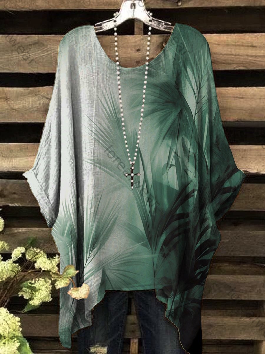 Women's Color-Blocked Leaf-Print Crew-Neck Top