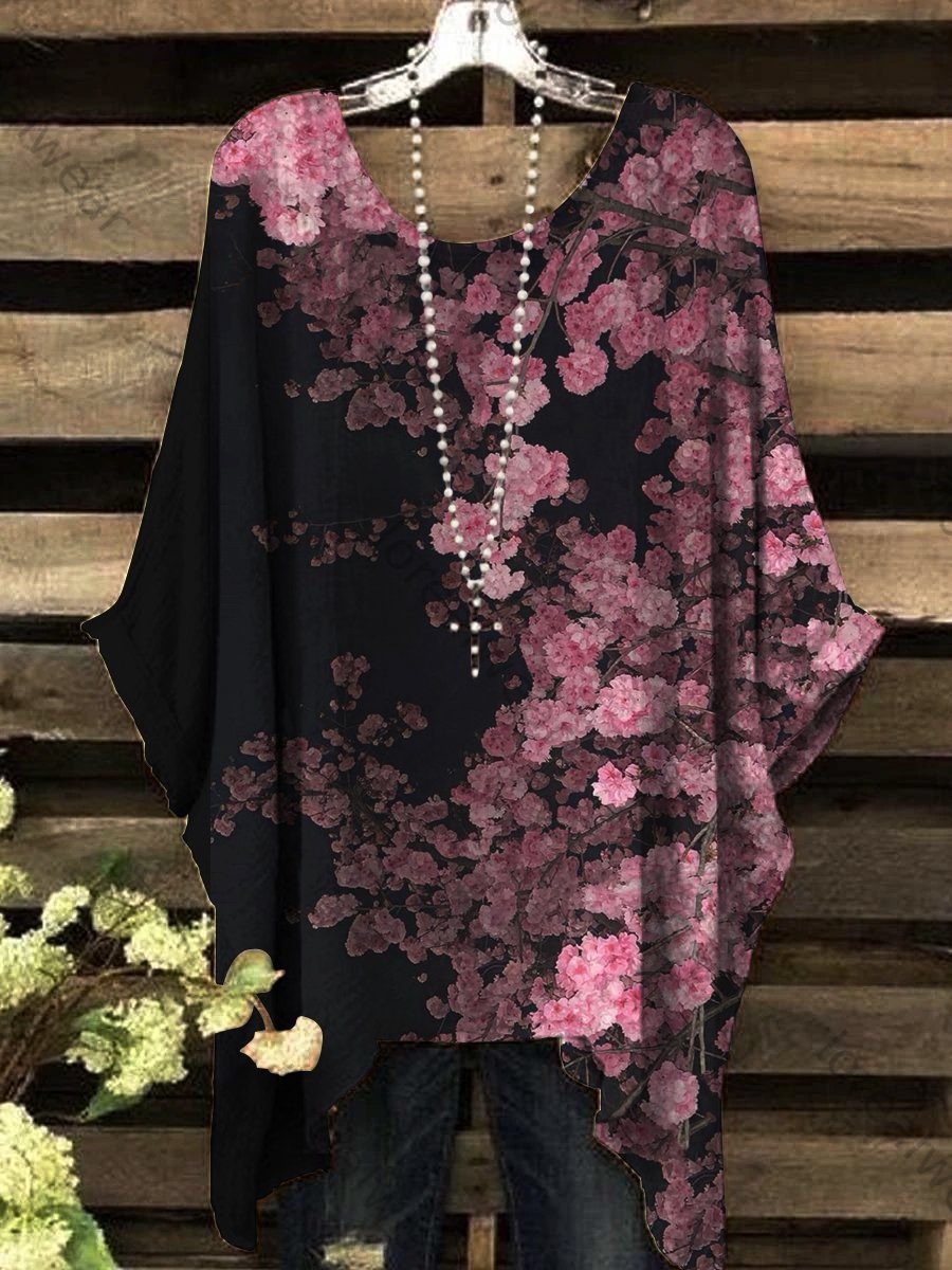 Women's Retro Peach Blossom Gradient Print Round-Neck Top