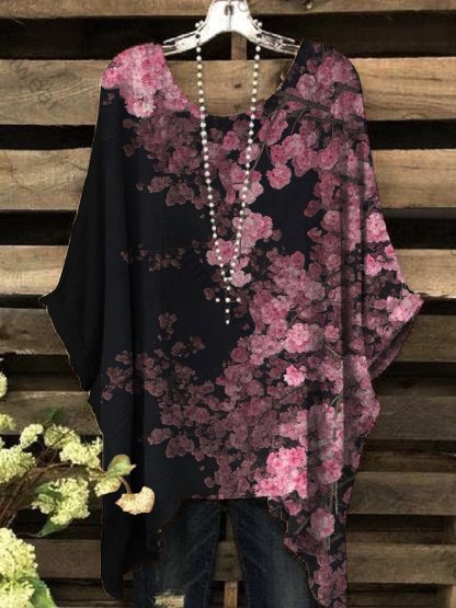 Women's Retro Peach Blossom Gradient Print Round-Neck Top