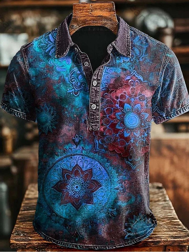 Retro Mandala Print Casaul Short SLeeve Polo Shirt