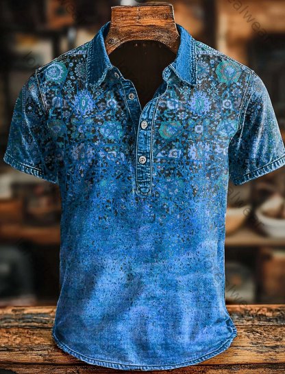 Retro Ethnic Art Print Casaul Short SLeeve Polo Shirt