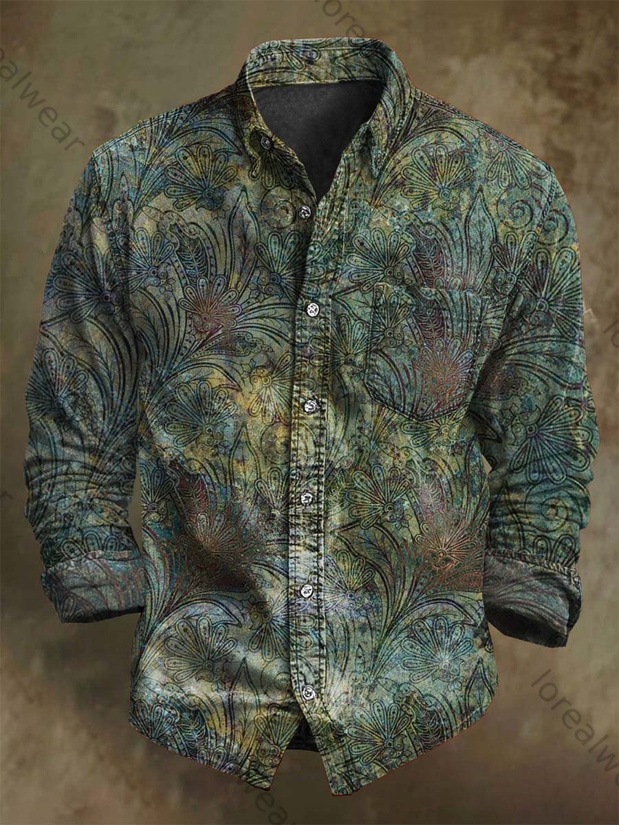 Vintage Floral Print Casual Long Sleeve Shirt