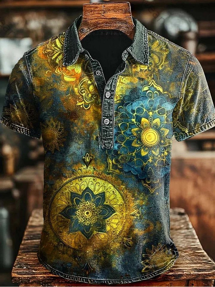Retro Mandala Print Casaul Short SLeeve Polo Shirt