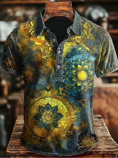 Retro Mandala Print Casaul Short SLeeve Polo Shirt