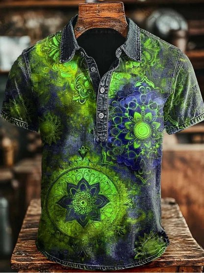 Retro Mandala Print Casaul Short SLeeve Polo Shirt