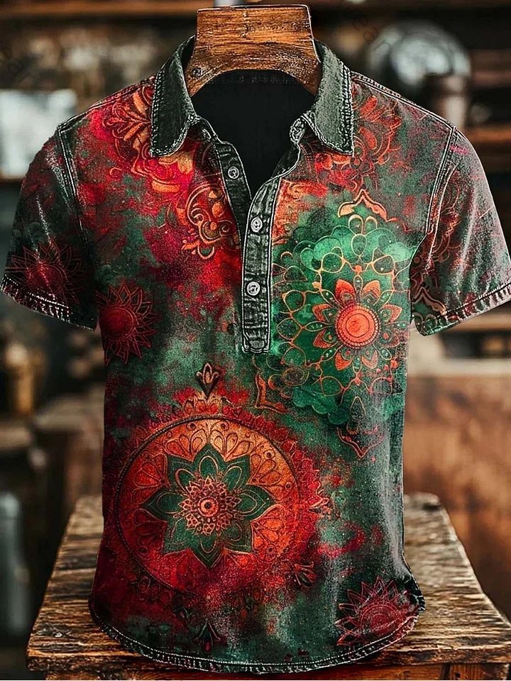 Retro Mandala Print Casaul Short SLeeve Polo Shirt