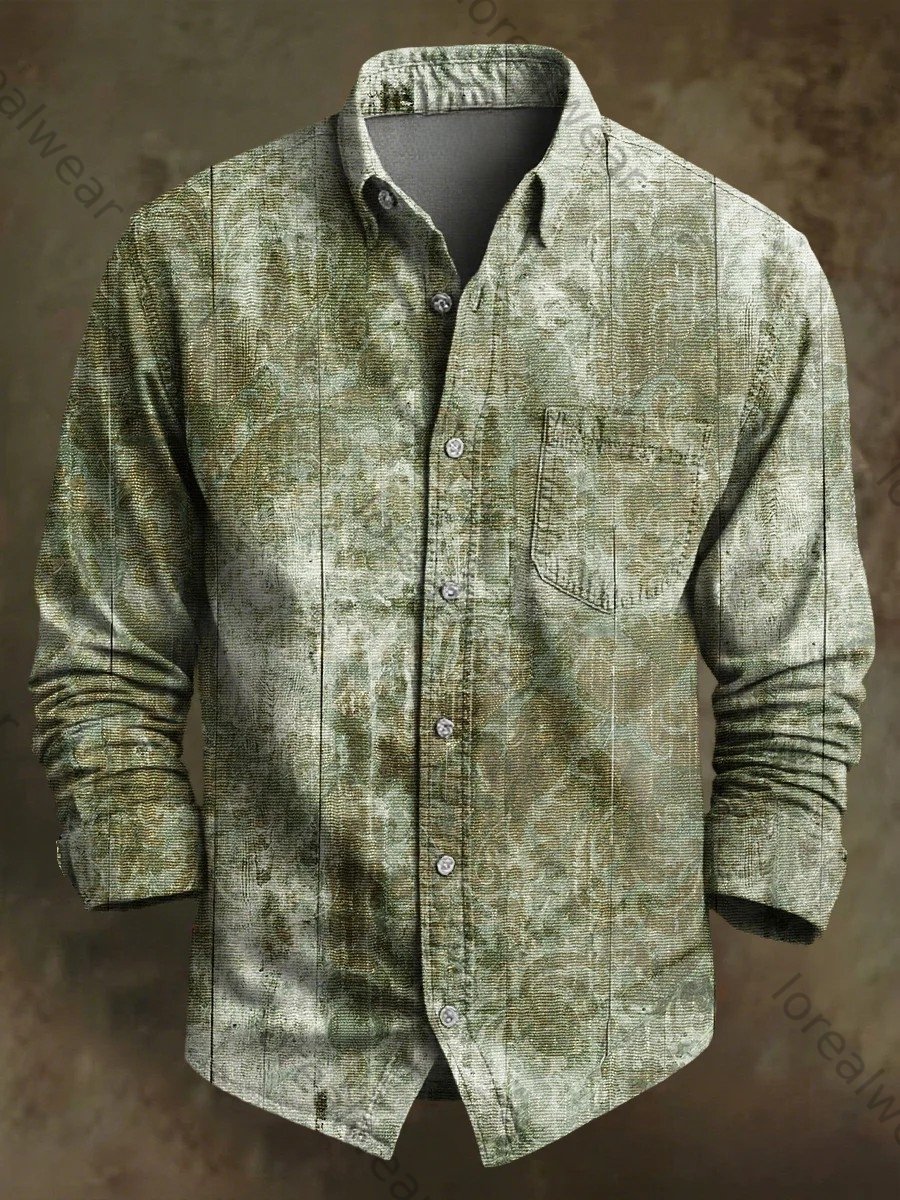 Green Gradient Vintage Paisley Pattern Print  Long Sleeve Shirt
