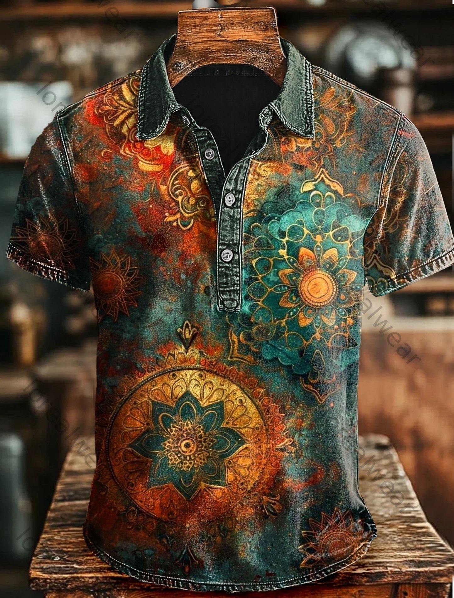 Retro Mandala Print Casaul Short SLeeve Polo Shirt