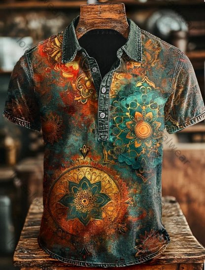 Retro Mandala Print Casaul Short SLeeve Polo Shirt