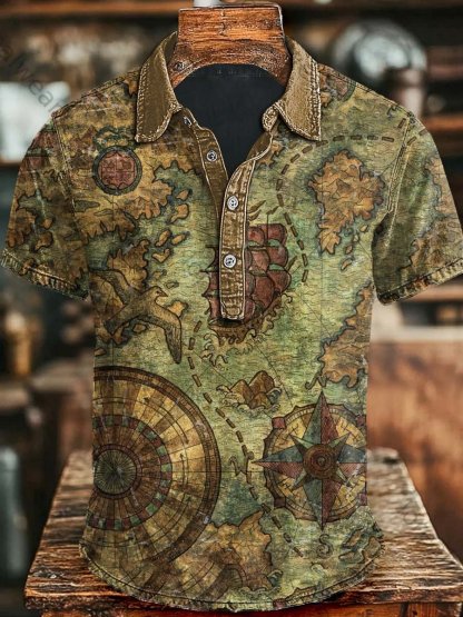 Vintage Nautical Map Print Casual Short Sleeve Polo Shirt