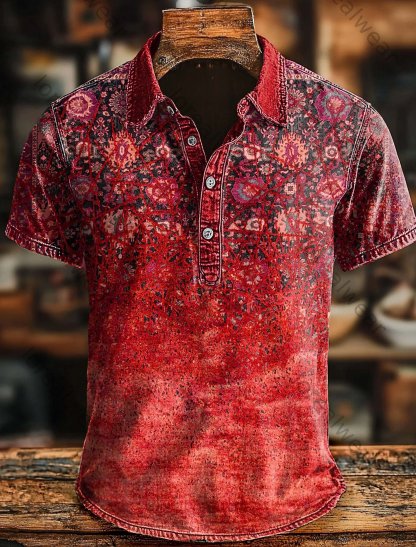 Retro Ethnic Art Print Casaul Short SLeeve Polo Shirt