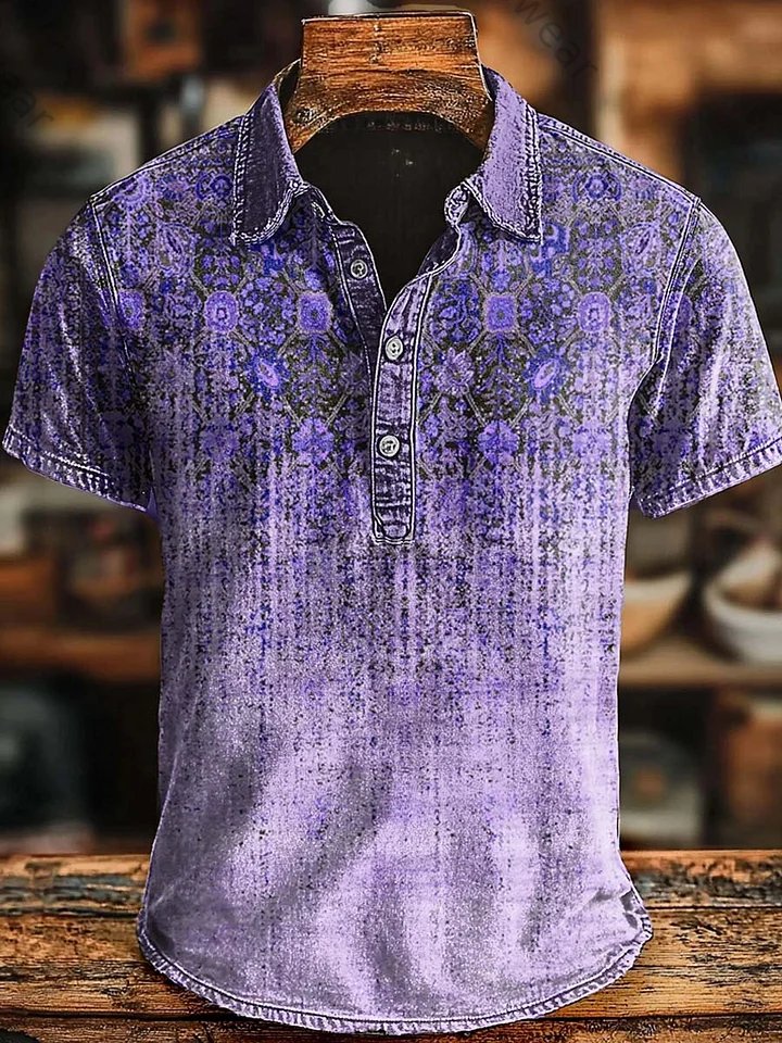 Retro Ethnic Gradient Art Print Casaul Short SLeeve Polo Shirt