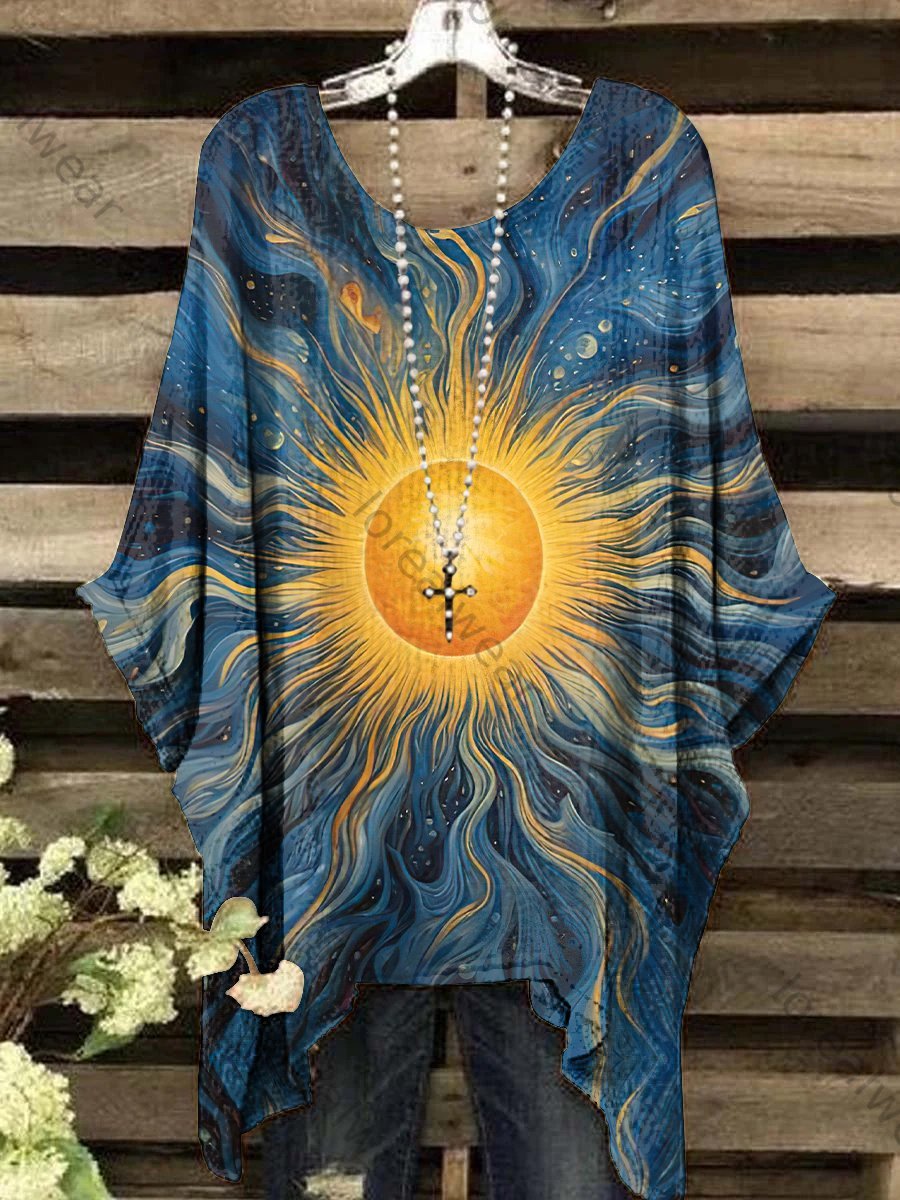 Women's Vintage Sun Abstract Pattern Crew Neck Top