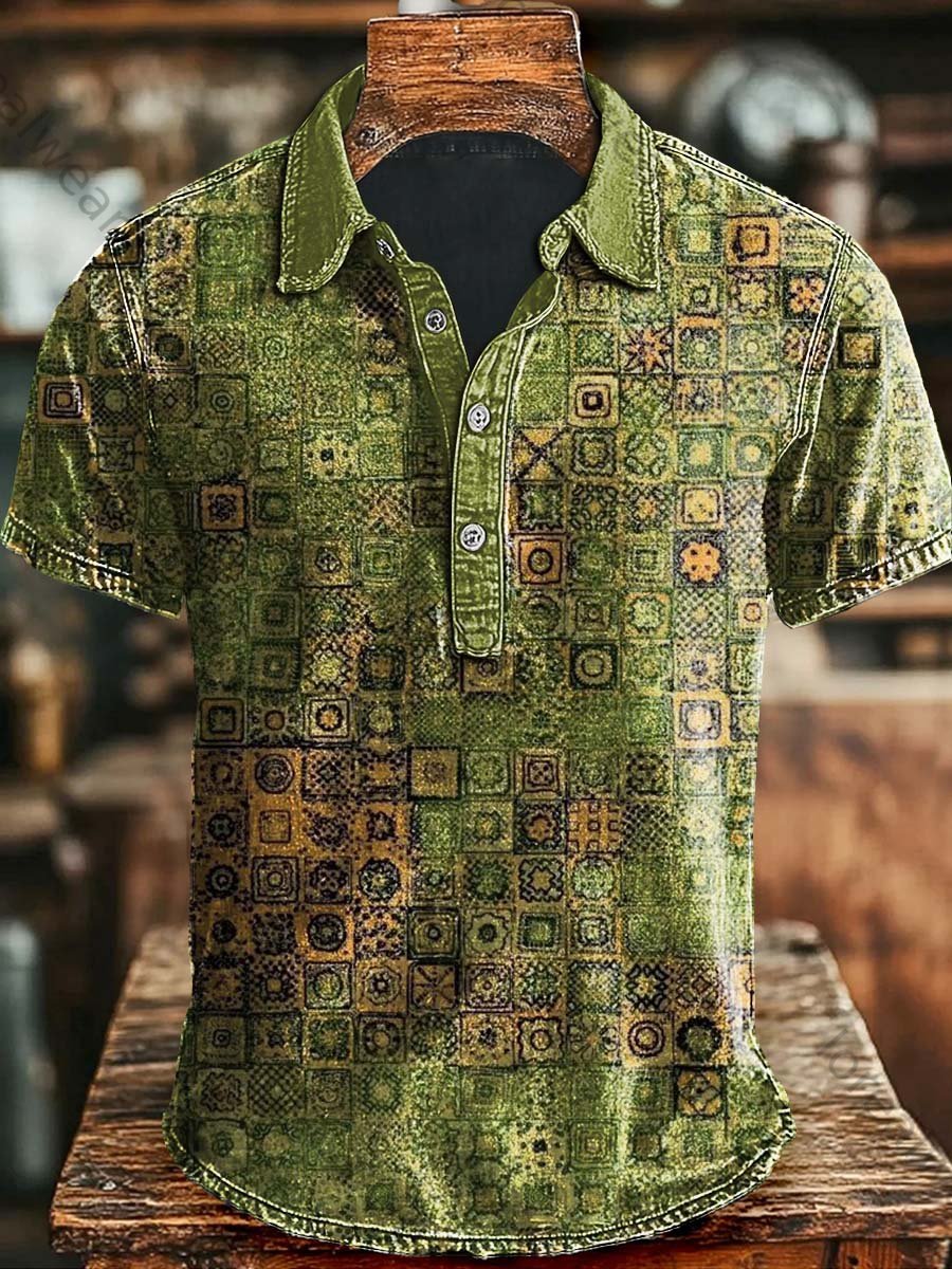 Vintage Art Abstract Plaid Print Casual Polo Shirt