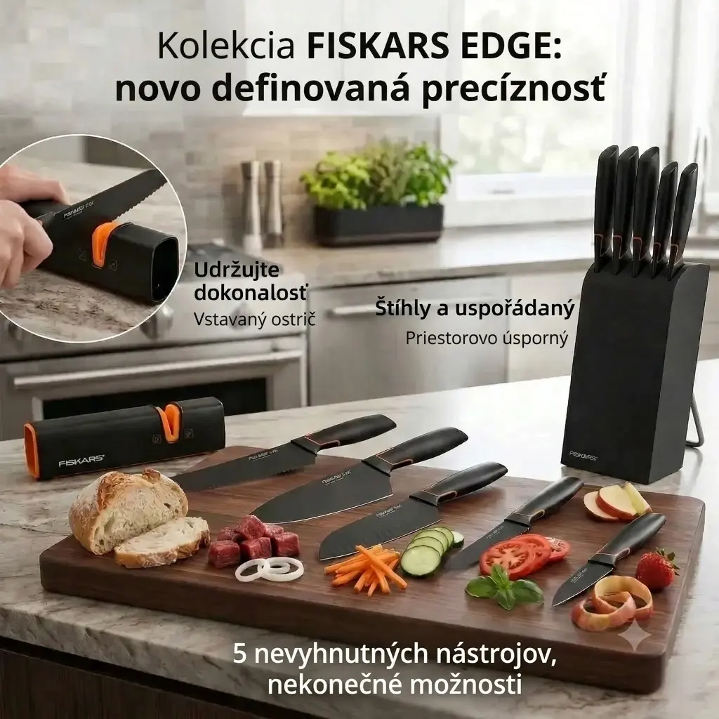 👩‍🍳👩‍🍳Limitovaná edícia: 5dielna sada nožov FISKARS® (s držiakom na nože) – rada FISKARS EDGE, ostré kuchynské nože + strúhadlo🔪🔪