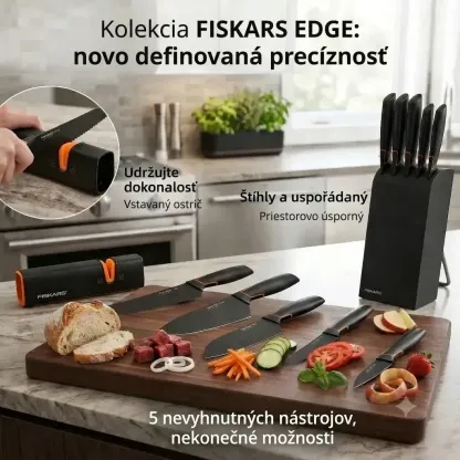 👩‍🍳👩‍🍳Limitovaná edícia: 5dielna sada nožov FISKARS® (s držiakom na nože) – rada FISKARS EDGE, ostré kuchynské nože + strúhadlo🔪🔪