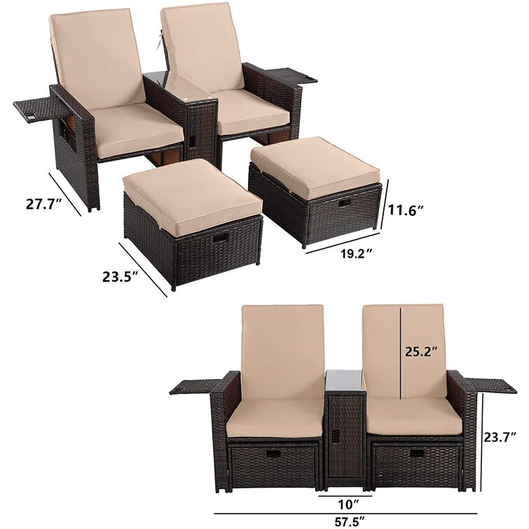 Jahmal Chaise longue inclinable double de 194 cm avec coussins et table