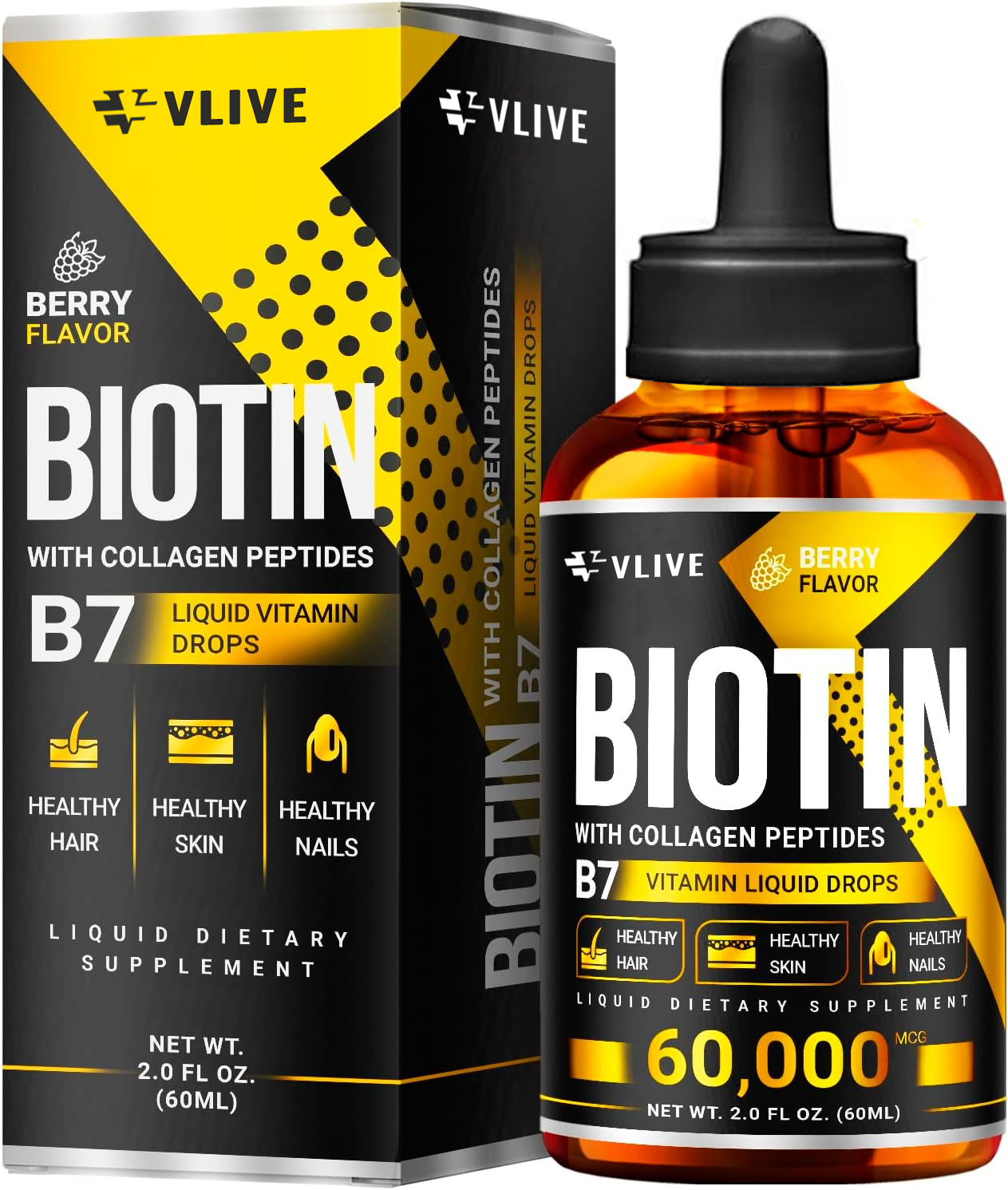 Vlivey®Biotin & Collagen Hair Growth Liquid Drops 50,000mcg Supports Strong Nails, Glowing Skin, Healthy Hair Growth. Great Absorption (2Fl Oz) w/ Travel Box