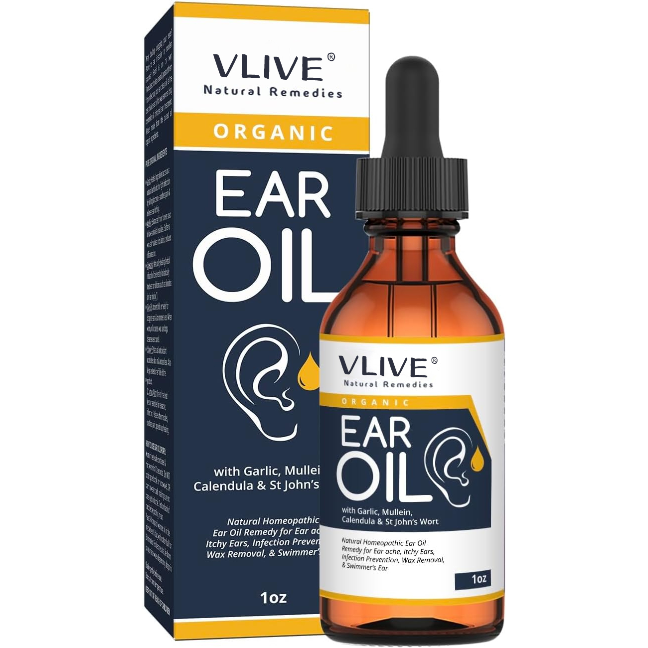 Vlivey®Organic Ear Oil for Ear Infections - Natural Eardrops for Infection Prevention, Swimmer's Ear & Wax Removal - Kids, Adults, Baby, Dog Earache Remedy - with Mullein, Garlic, Calendula