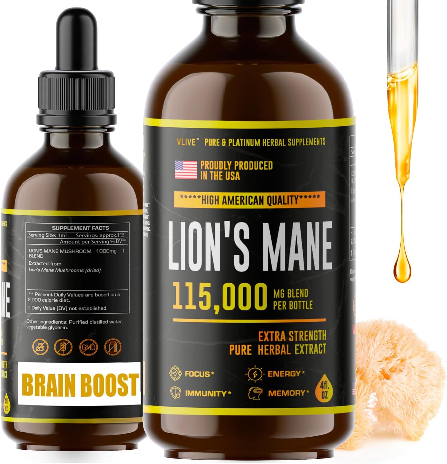 Vlivey®Lions Mane - Lions Mane Mushroom Supplement- Lions Mane Tincture - Natural Immune Support - Lions Mane Tincture for Memory, Focus & Clarity - Daily Mushroom Supplement - Vegan
