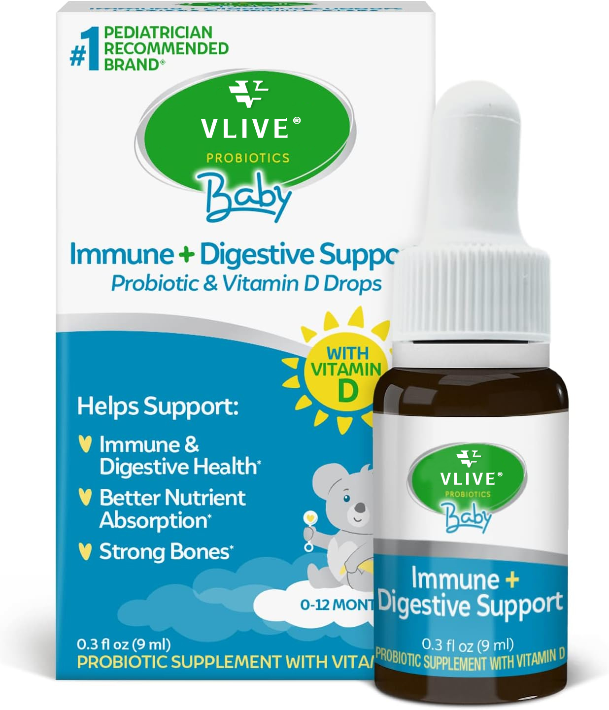 Vlivey®Probiotics + Vitamin D Drops, Promotes Development of Healthy Immune & Digestive Systems in Babies & Infants*, with Vitamin D, Gluten Free & Non-GMO, 9ml