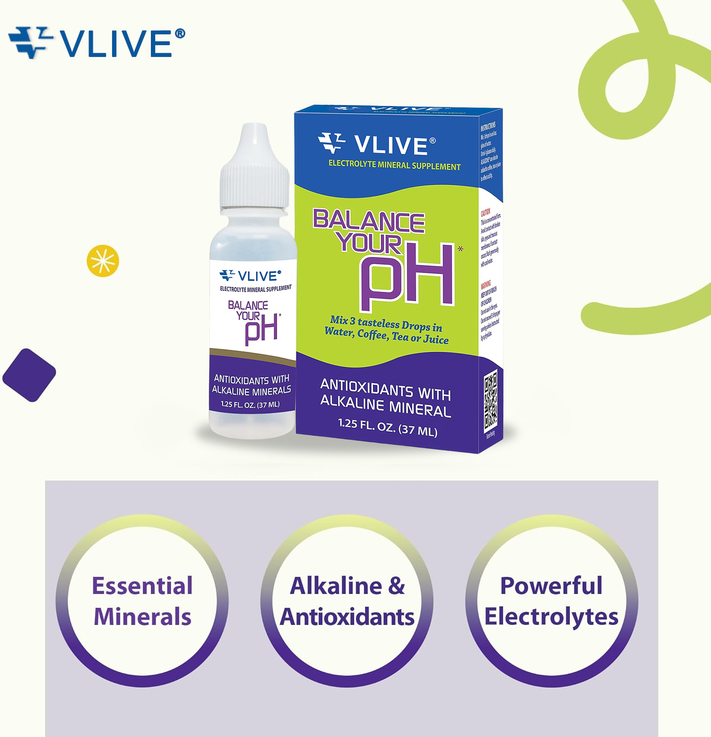Vlivey®Balance Your pH, Antioxidants Alkaline Mineral Drops, Single 1.25 Oz Pack, Portable, Yields 10 Gallons of alkaline, antioxidant Water, Unflavored, pH Balance, Hydration