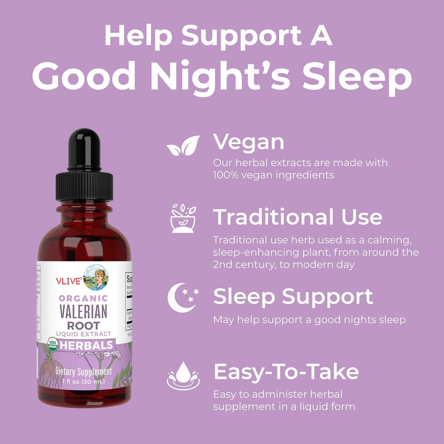 Vlivey®USDA Organic Valerian Root Drops | Support Sleep, Calm, and Stress Relief | Vegan | Non-GMO | Gluten Free | 60 Servings
