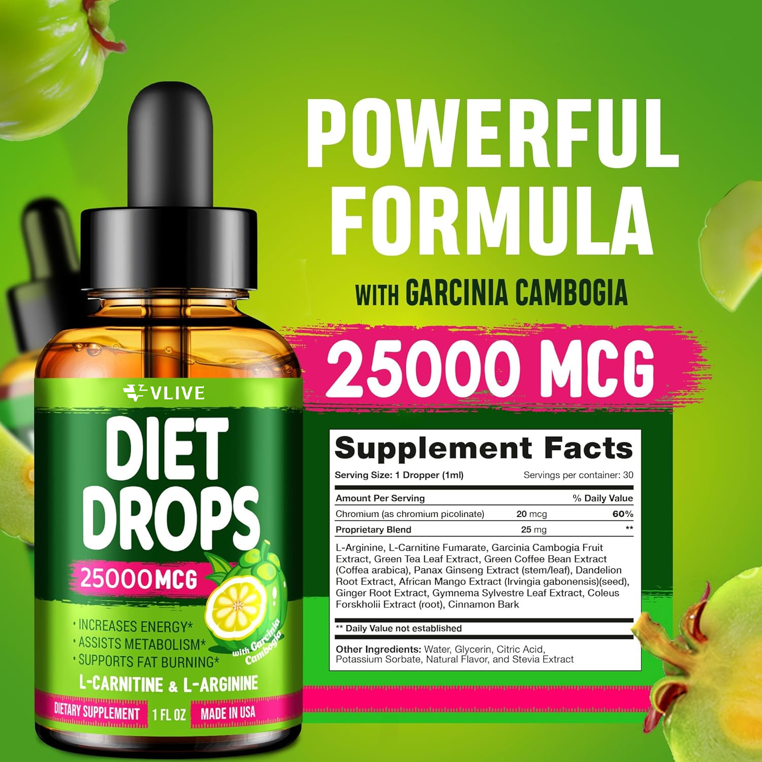 Vlivey®Natural Metabolism Booster - Fast Weight Loss - Diet Drops with Garcinia Cambogia, L-Arginine & L-Glutamine 1 Fl oz