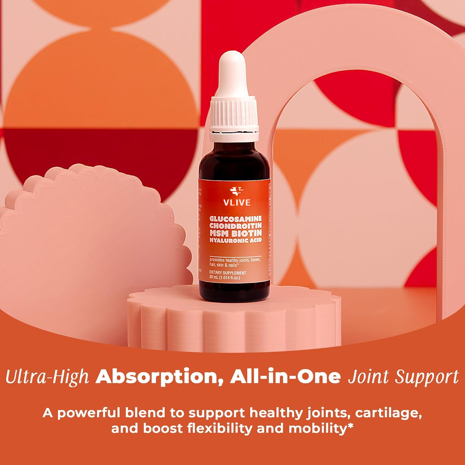 Vlivey®Liquid Glucosamine, Chondroitin, MSM, Biotin, Hyaluronic Acid All in one - Black Glass Dropper - Good Health of Joints, Bones, Hair, Skin and Nails