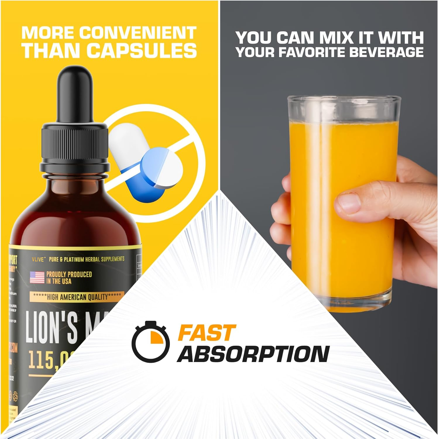 Vlivey®Lions Mane - Lions Mane Mushroom Supplement- Lions Mane Tincture - Natural Immune Support - Lions Mane Tincture for Memory, Focus & Clarity - Daily Mushroom Supplement - Vegan