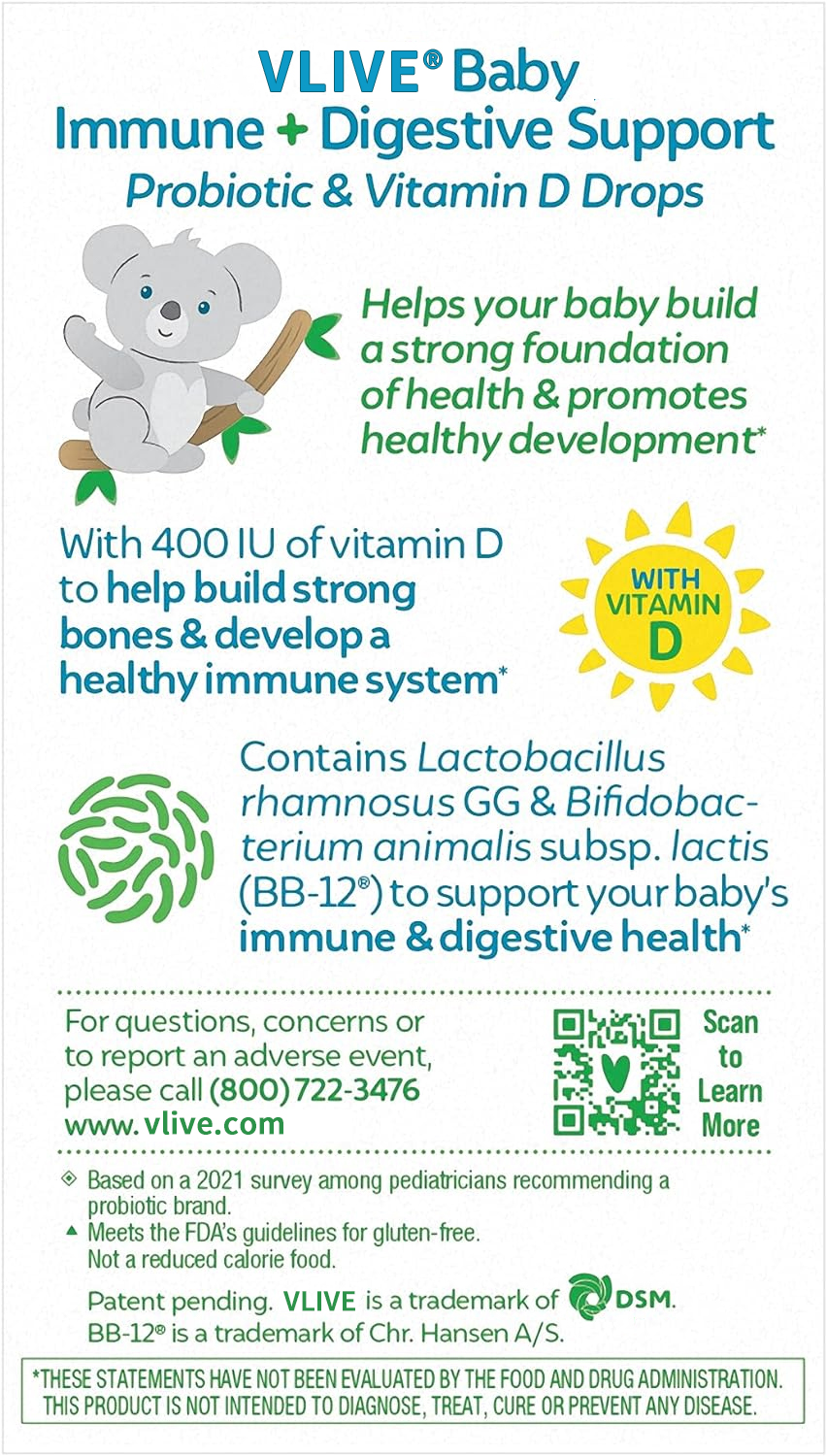 Vlivey®Probiotics + Vitamin D Drops, Promotes Development of Healthy Immune & Digestive Systems in Babies & Infants*, with Vitamin D, Gluten Free & Non-GMO, 9ml