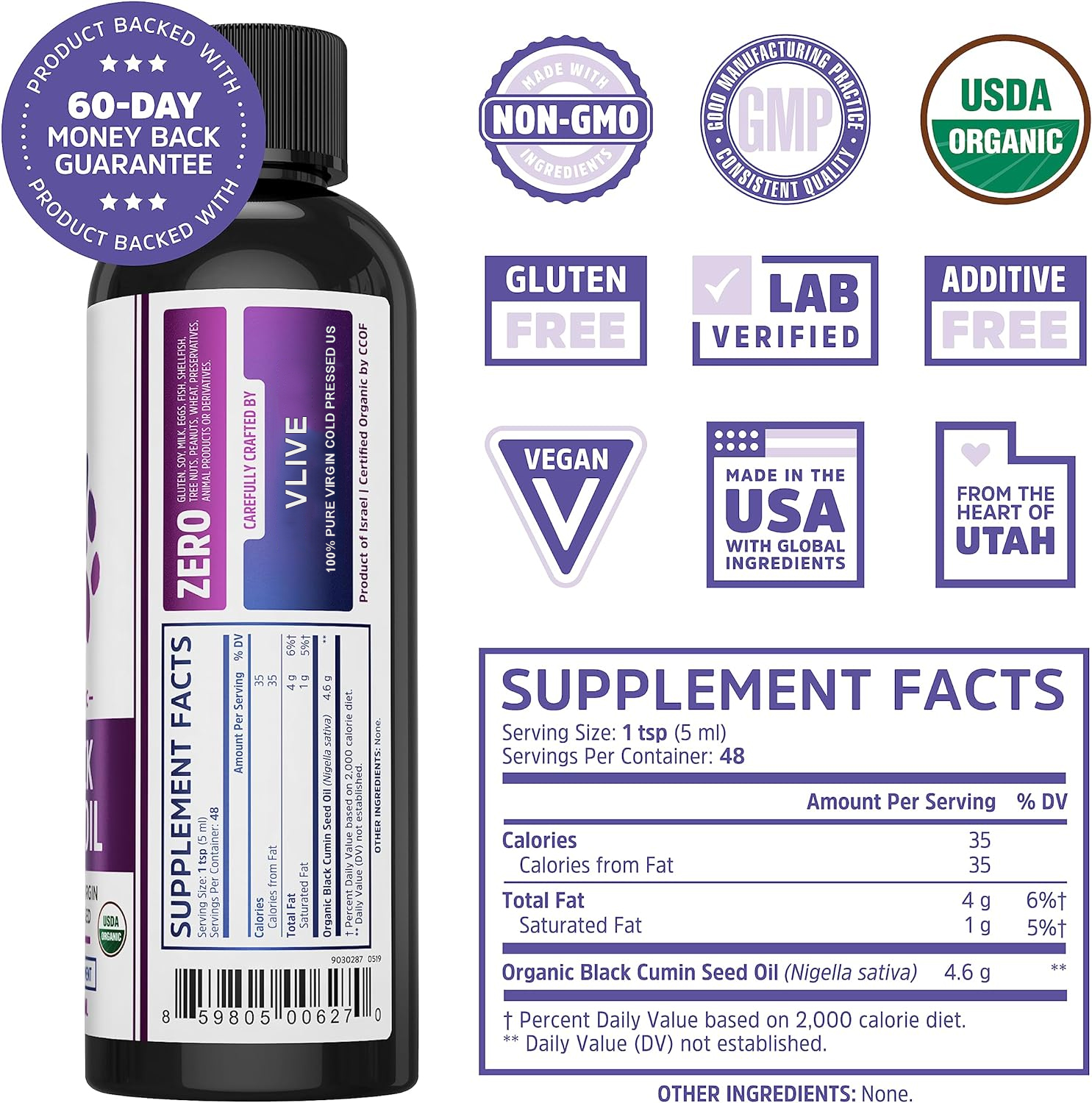 Vlivey®Organic Black Seed Oil | 100% Virgin Cold Pressed Omega 3 6 9 | Super Antioxidant for Immune Support, Joints, Digestion, Hair & Skin | Vegan, Gluten-Free, Non-GMO | 8oz